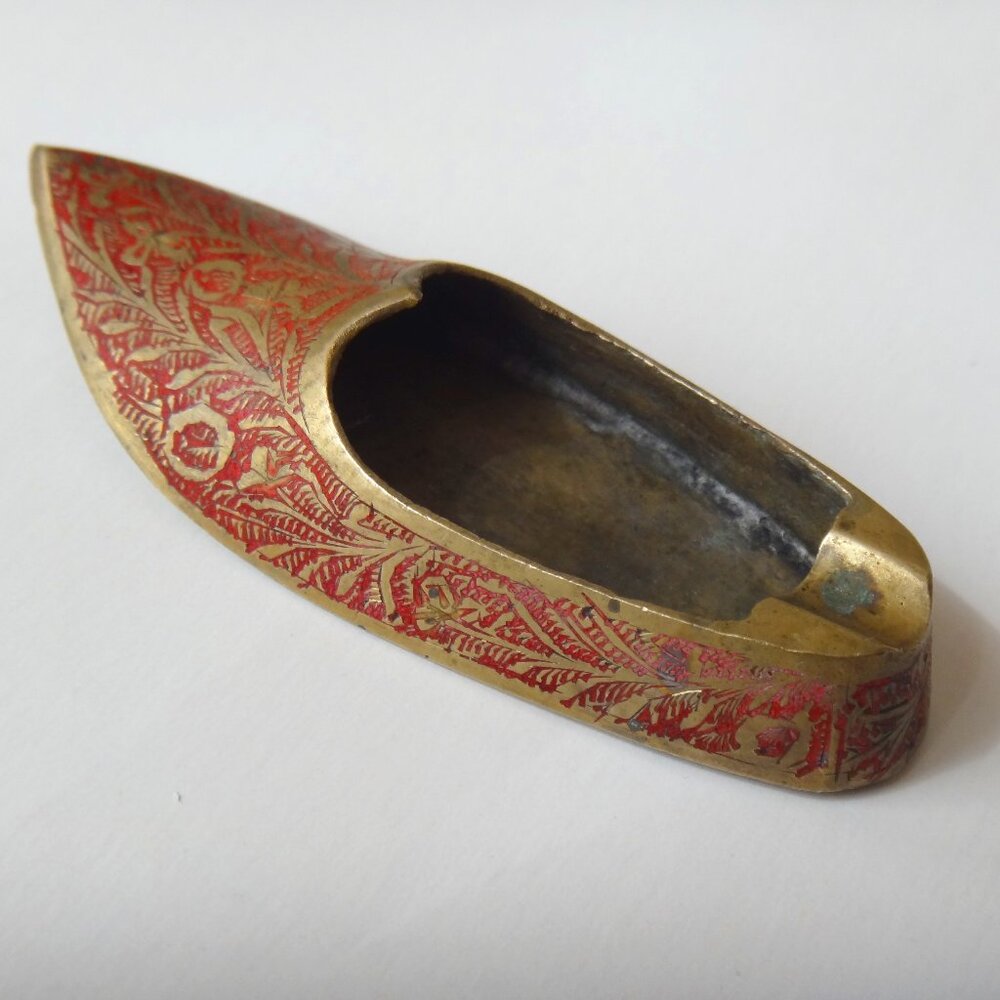 Vintage Little Brass Enamel Shoe Ashtray from India